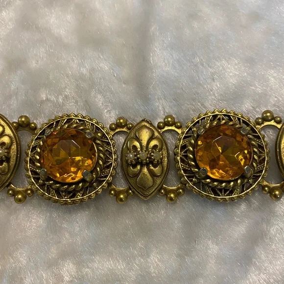 ☘️VTG SELRO Amber Rhinestone & Pearl Book Chain Necklace - Picture 2 of 7